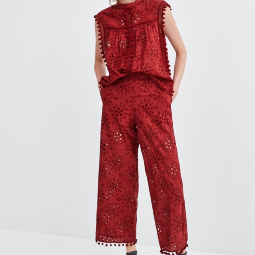 NWT Zara Pants Embroidered Red w/ Pom poms Size S